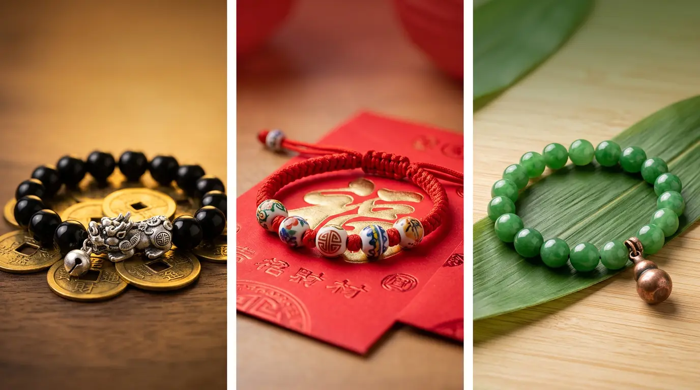 Feng shui bracelets for wealth, good luck and health shown side by side in three panels