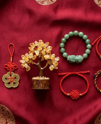 Eight feng shui gifts for Chinese New Year 2027 on red silk, including a Pixiu bracelet, lucky coins, and a citrine money tree