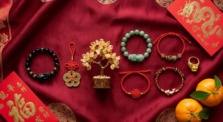 feng-shui-gifts-chinese-new-year-2027-ranked.jpg Eight feng shui gifts for Chinese New Year 2027 on red silk, including a Pixiu bracelet, lucky coins, and a citrine money tree