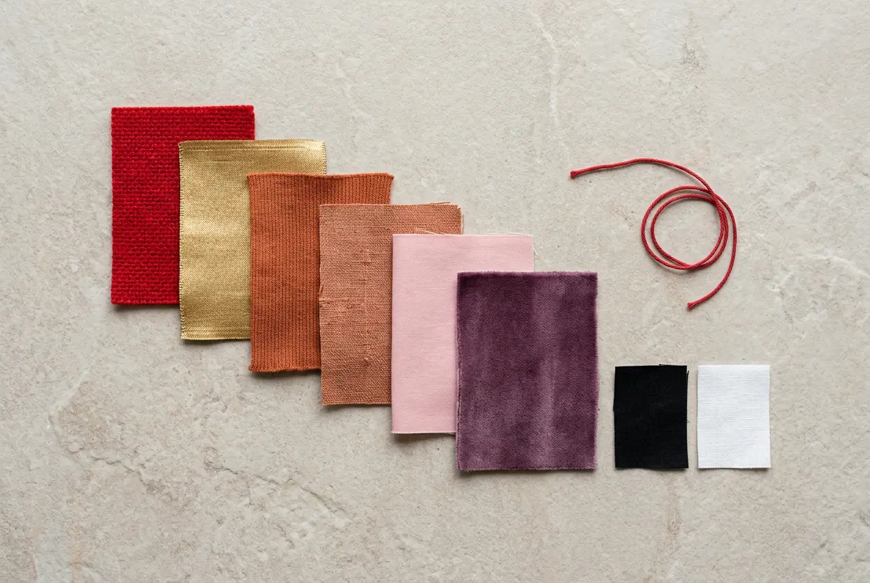 Fabric swatches in red, gold, orange, terracotta, pink, and purple for Lunar New Year 2027 outfit colors