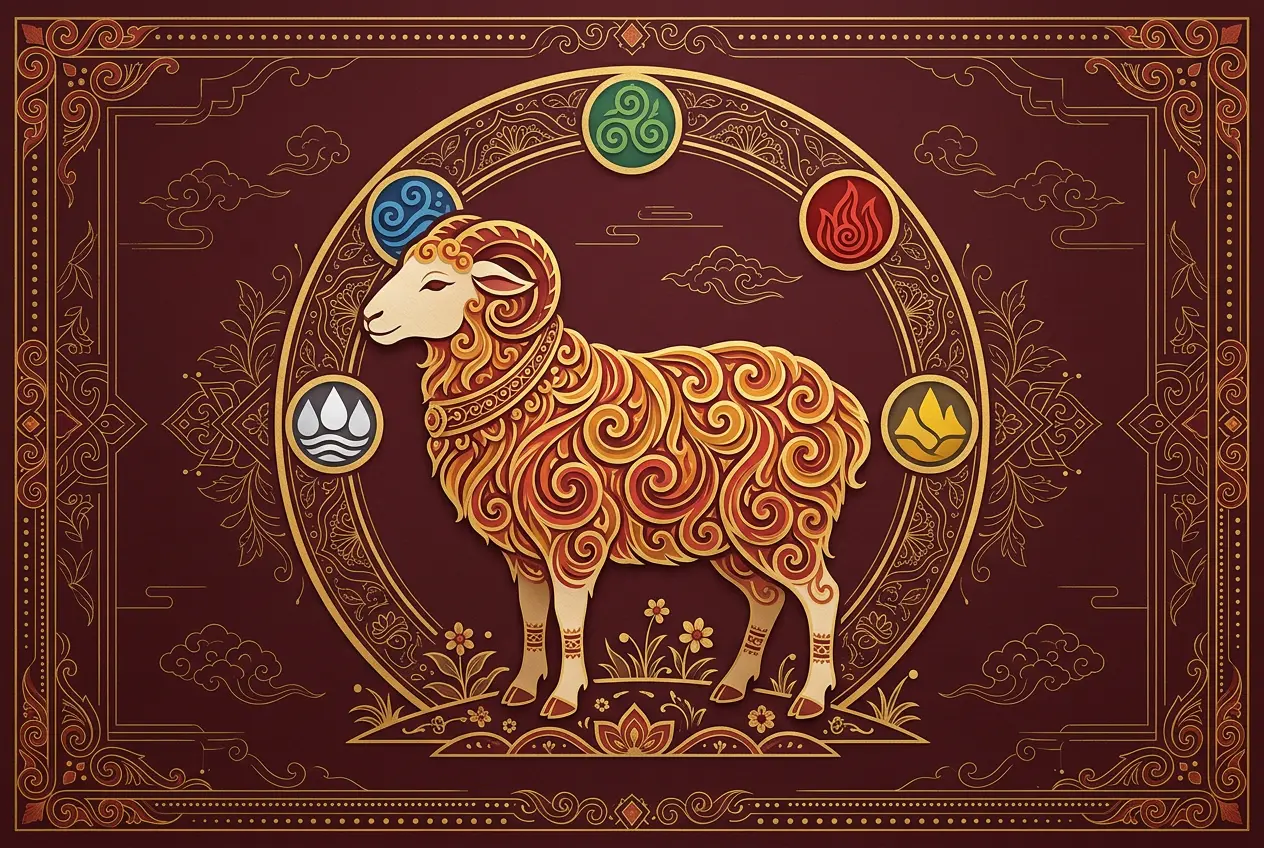 Stylized fire sheep illustration surrounded by five element symbols representing the Fire Sheep year in the Tibetan 60-year Rabjung cycle