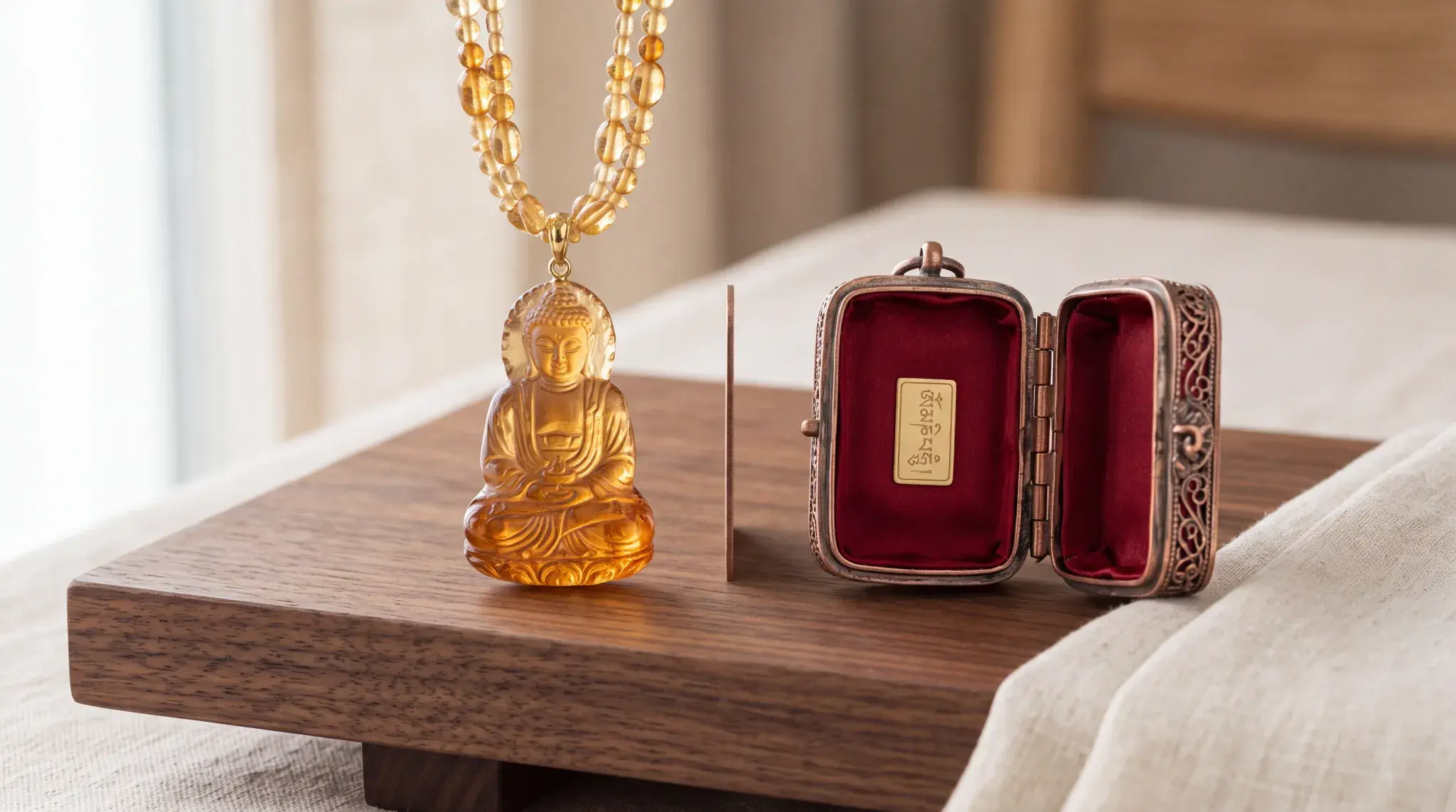 Open Gawu prayer box with a rolled mantra scroll, clay tsatsa, juniper, saffron, and a prayer written on rice paper