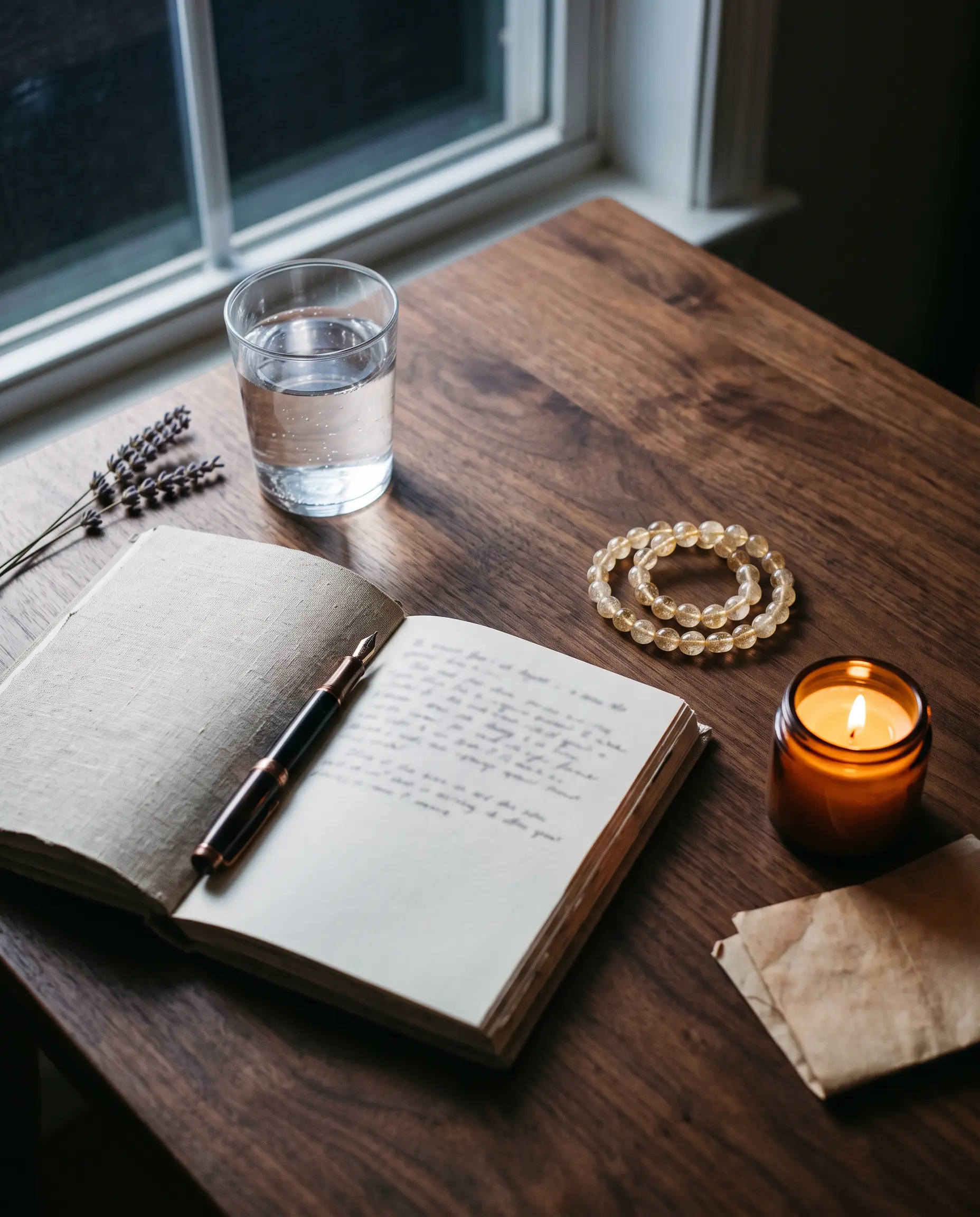 Open journal, pen, and citrine bracelet on a desk lit by full moonlight for a Gemini full moon ritual