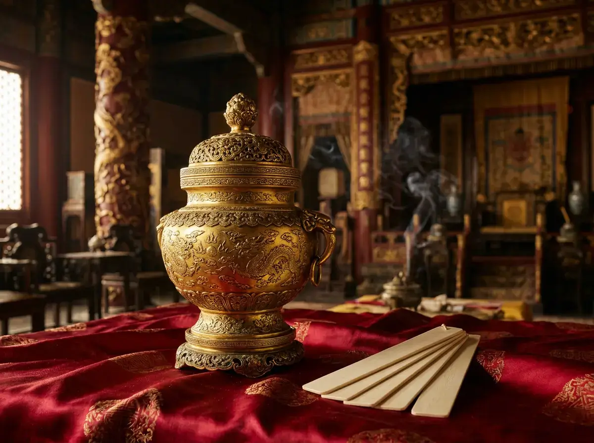 An ornate golden urn with ivory name slips, symbolizing the Qing-era Golden Urn lottery used to select reincarnated lamas