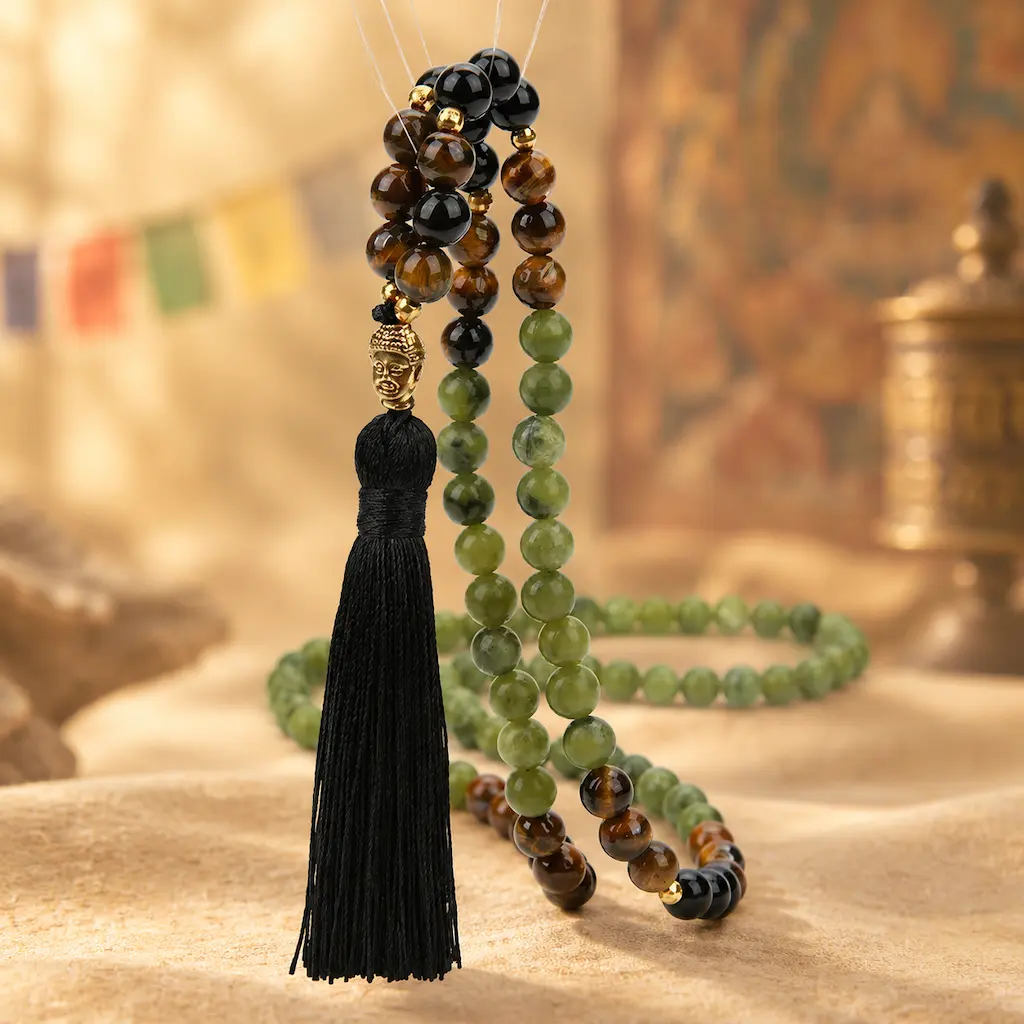 green-jasper-mala-buddha-guru-bead-tassel Hanging green jasper mala with gold-tone Buddha head guru bead and black tassel beside a Tibetan prayer wheel