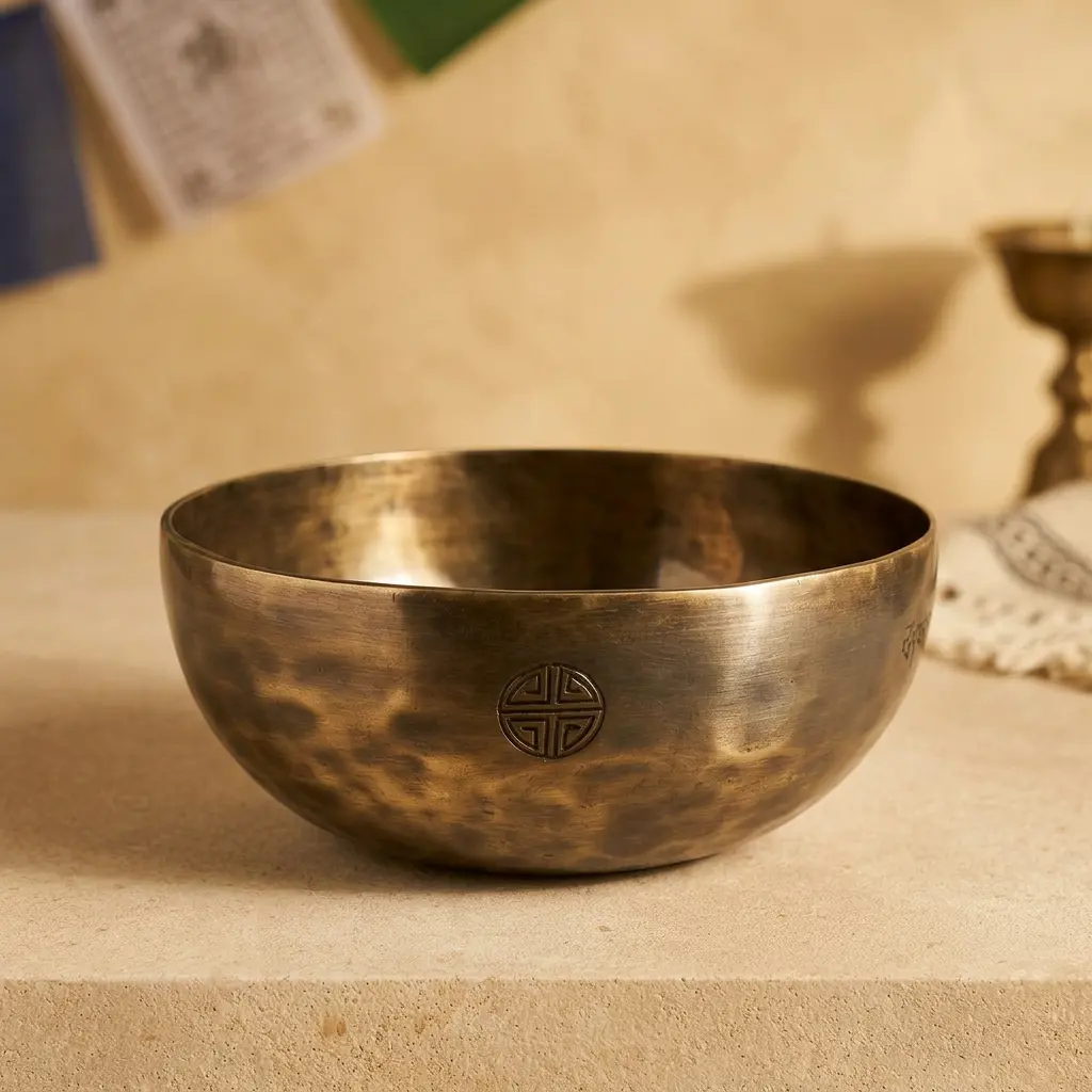 hand-hammered-singing-bowl-engraved-longevity-symbol Hand-hammered bronze-toned singing bowl with engraved longevity symbol on a stone shelf beside prayer flags and a butter lamp