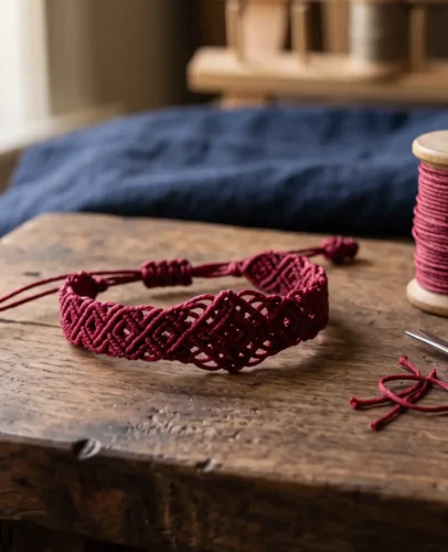 Gelang pelindung Tibet berwarna merah yang dirajut tangan di atas meja kerja di samping tali katun berlilin dan gunting kuningan.