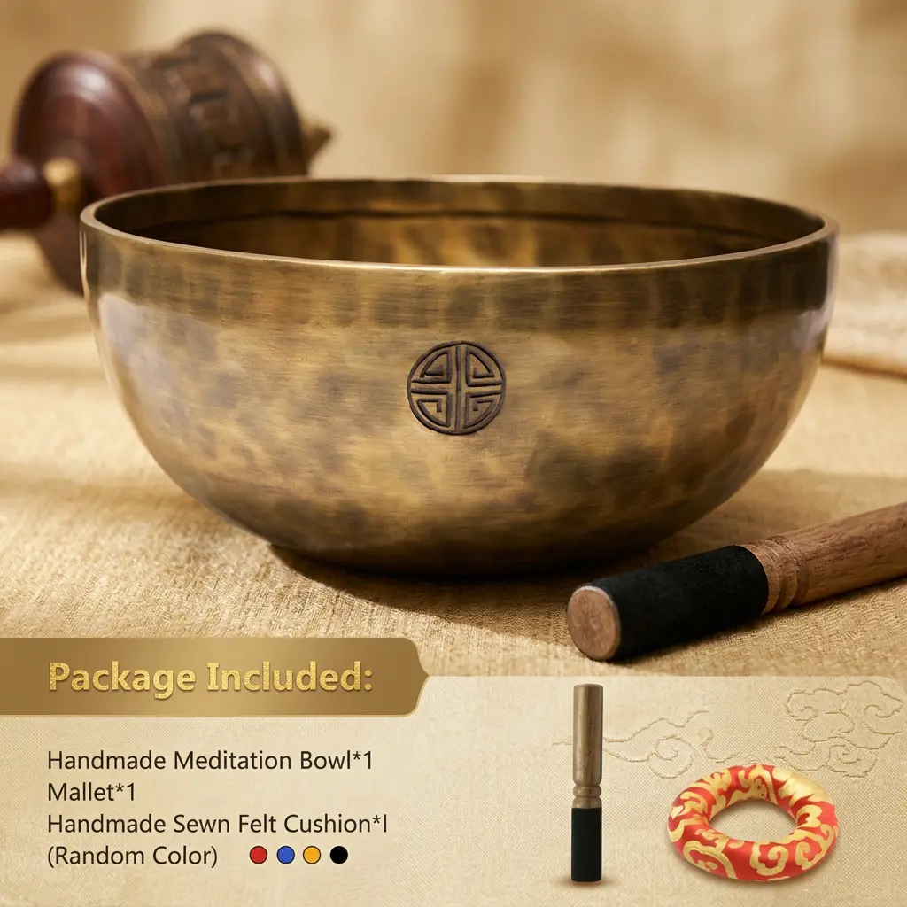 handmade-meditation-singing-bowl-package-includes-mallet-cushion Handmade meditation singing bowl with wooden mallet and red and gold sewn felt cushion, package contents and cushion color options shown