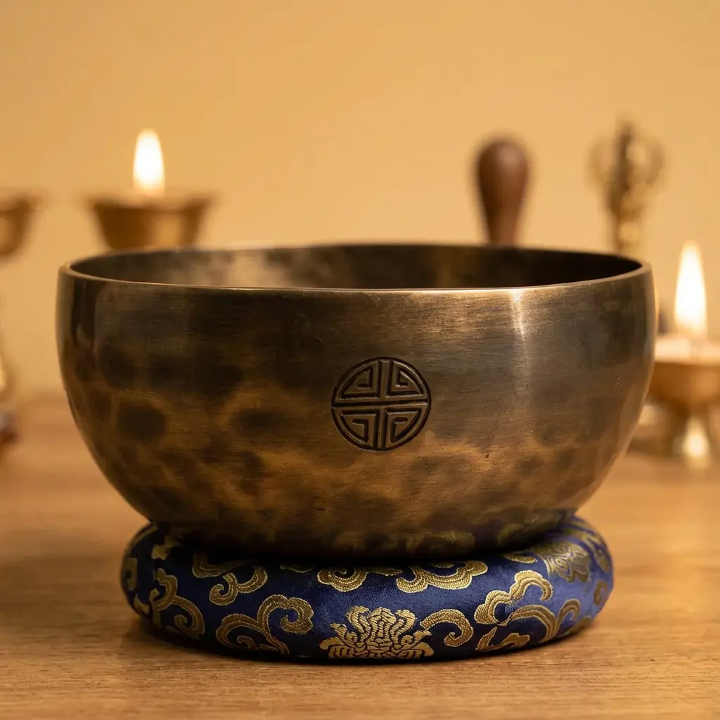handmade-singing-bowl-longevity-symbol-navy-cushion Handmade singing bowl engraved with a longevity symbol on a navy brocade cushion with candle-lit altar décor in the background