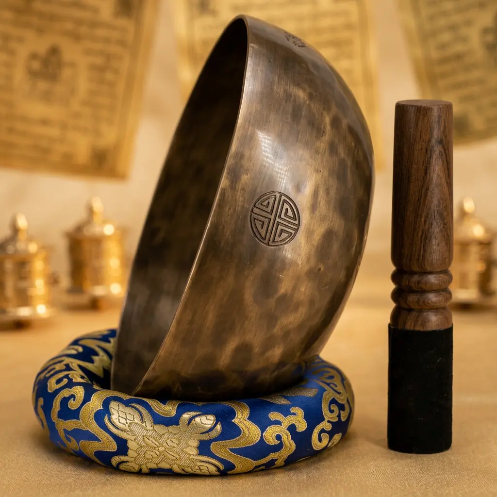 handmade-singing-bowl-side-view-blue-cushion-mallet Side view of a handmade singing bowl resting on a blue and gold cushion next to a wooden mallet, with prayer wheels and prayer flags behind
