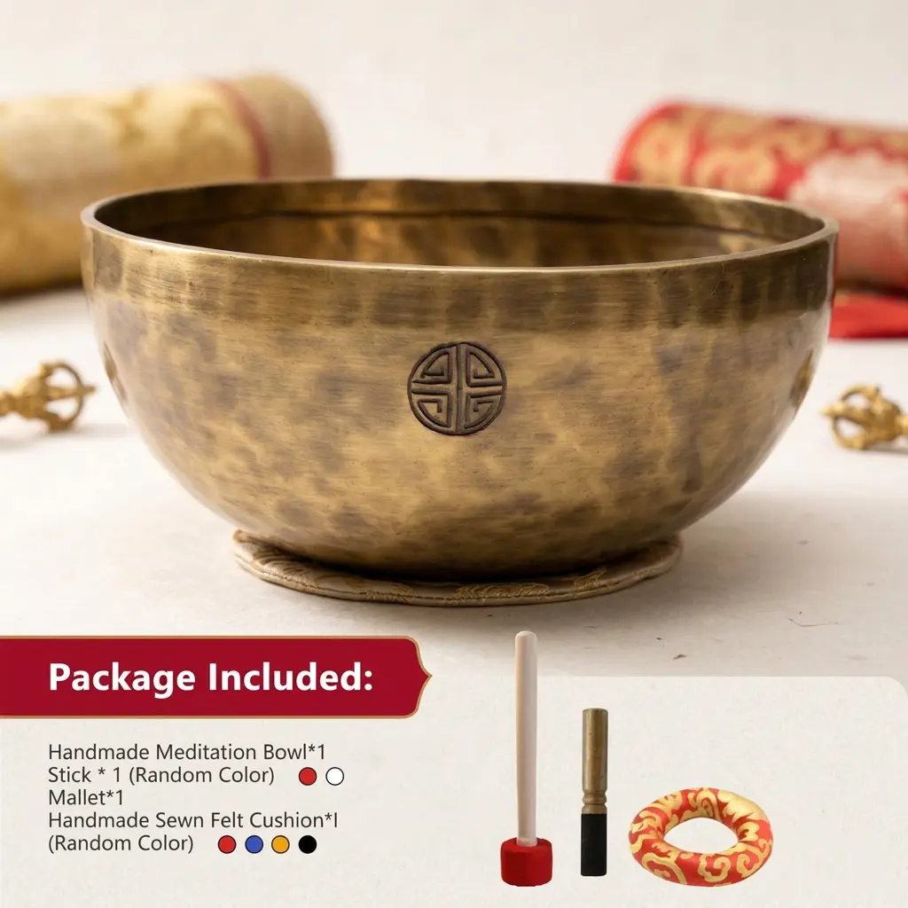 handmade-tibetan-singing-bowl-set-with-mallet-and-cushion Handmade hammered singing bowl with longevity symbol, striker stick, mallet and brocade felt cushion included in the package