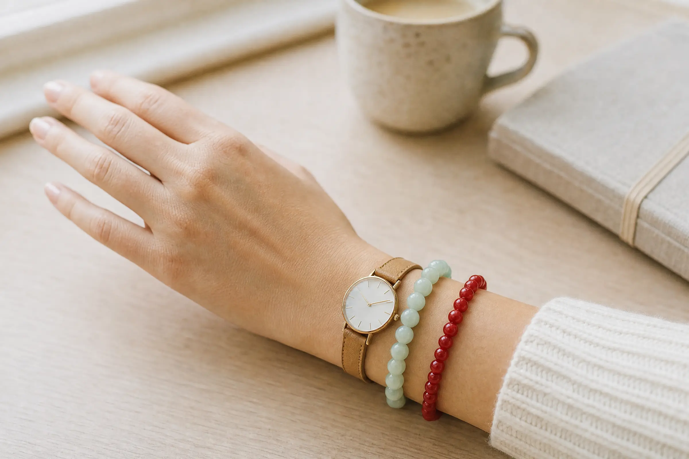 Left wrist wearing a red bead bracelet, a jade green bracelet, and a watch as an everyday lucky color stack