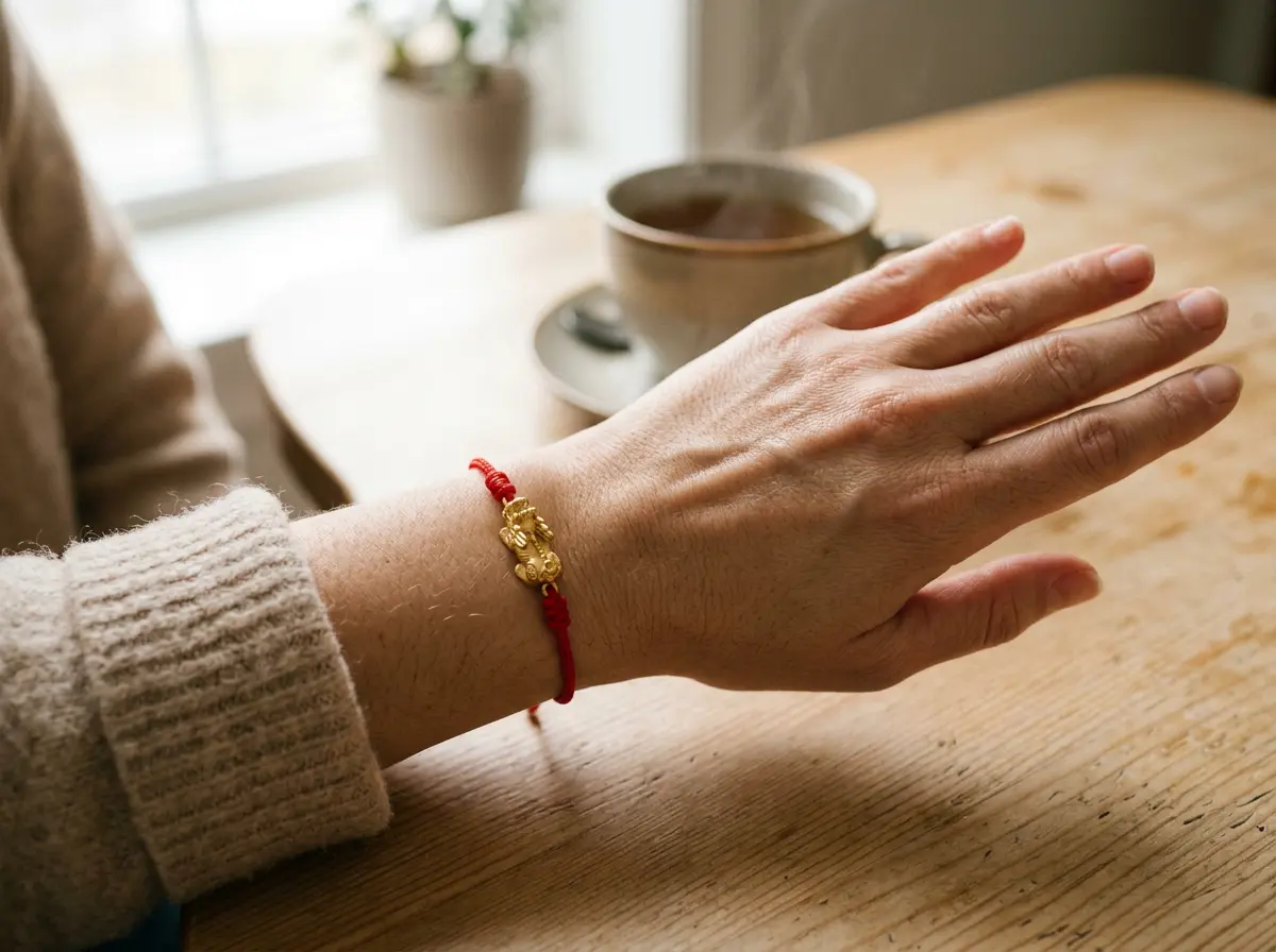 Left wrist wearing a red string Pixiu bracelet with the Pixiu charm facing outward, away from the body