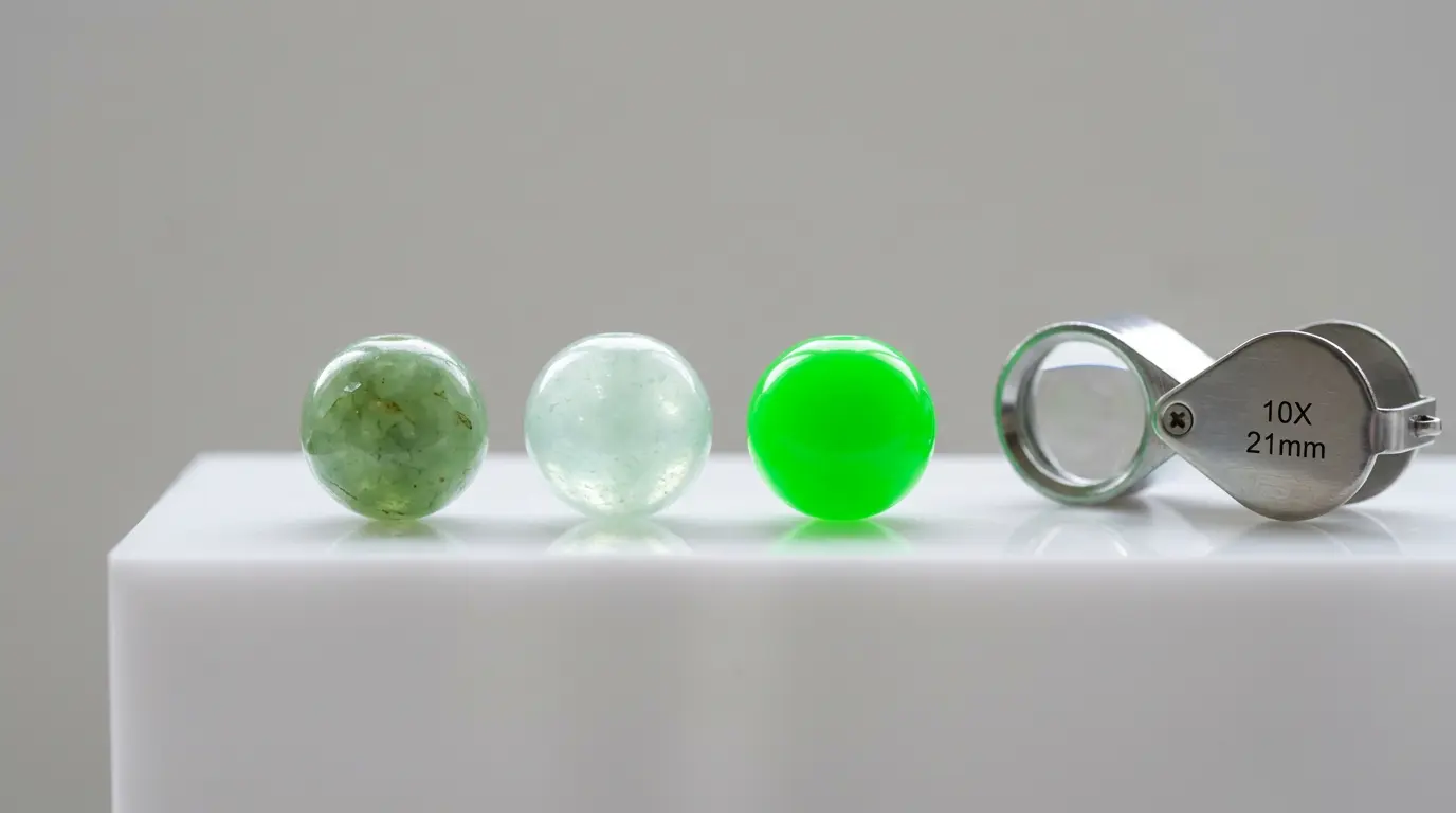 Illustration comparing A, B and C grade jade beads: natural, resin-filled and dyed