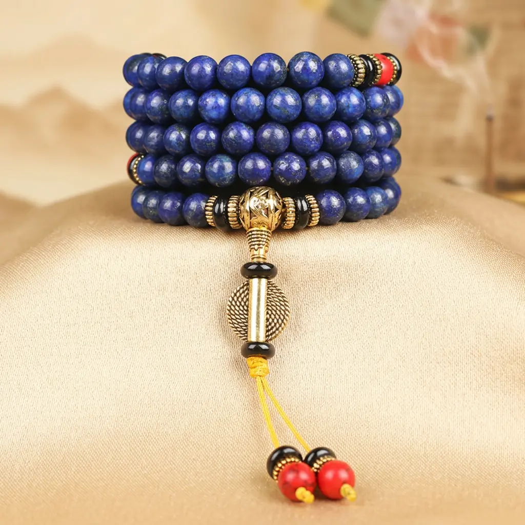 lapis-lazuli-108-mala-bracelet-five-wrap-front-view Lapis lazuli 108 mala bracelet wrapped five times with gold guru bead and red turquoise tassel on golden silk