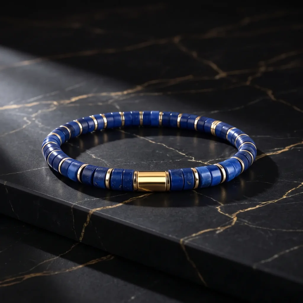 lapis-lazuli-bracelet-gold-tone-black-marble Deep-blue lapis lazuli heishi bead bracelet with gold-tone accents resting on black marble with gold veins