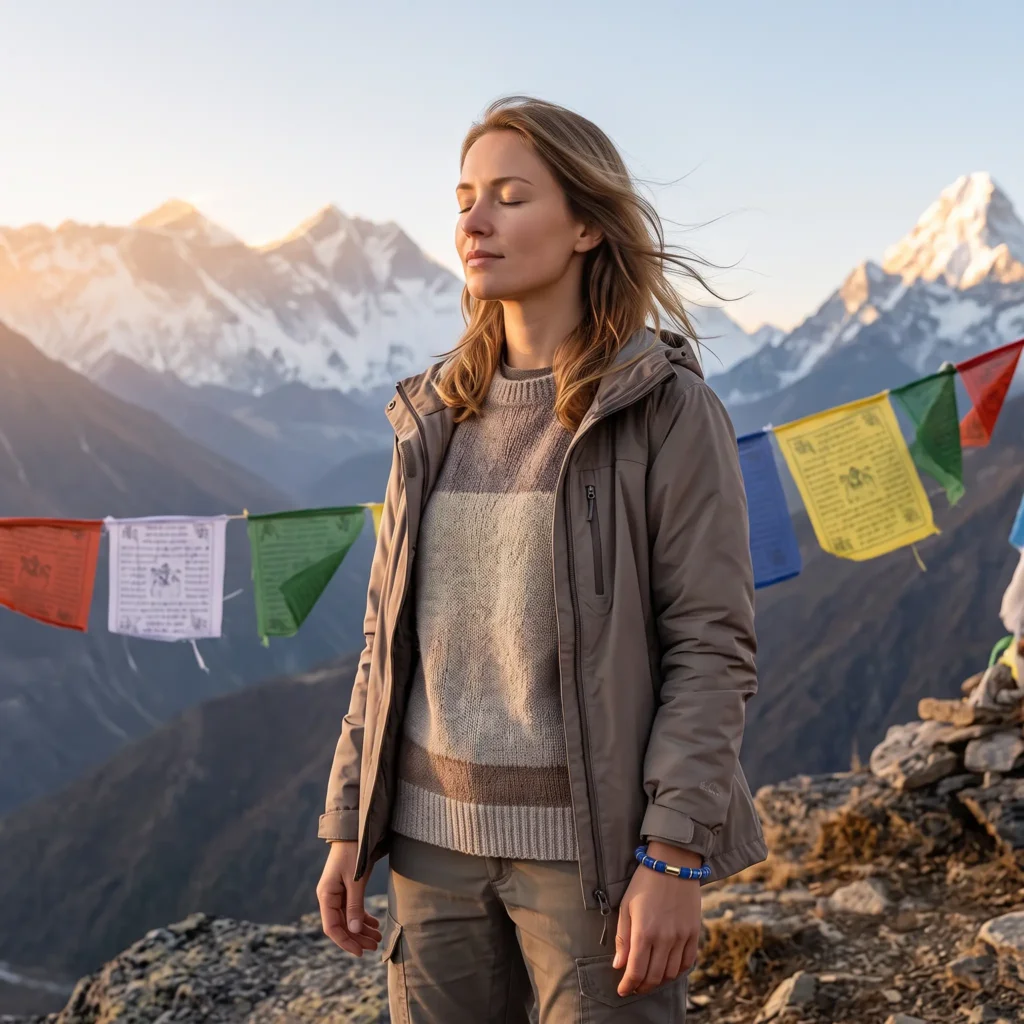 lapis-lazuli-bracelet-himalayan-sunrise-prayer-flags Woman with closed eyes wearing a lapis lazuli bracelet before Himalayan peaks and Tibetan prayer flags at sunrise