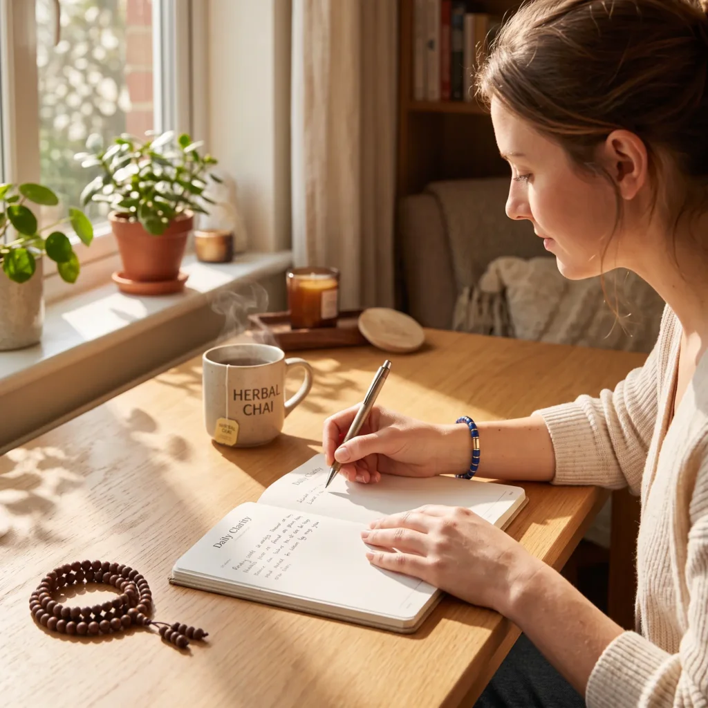 lapis-lazuli-bracelet-journaling-daily-clarity Woman writing in a Daily Clarity journal while wearing a lapis lazuli bracelet, with tea and mala beads nearby