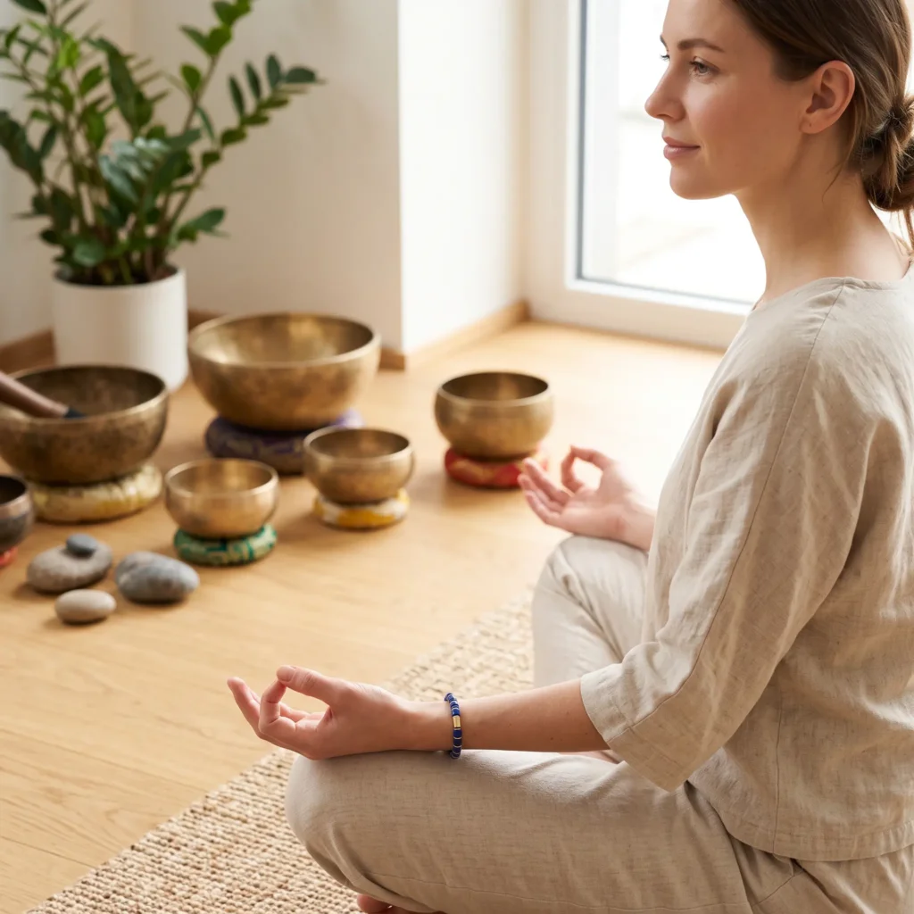 lapis-lazuli-bracelet-meditation-singing-bowls Woman meditating cross-legged beside brass singing bowls, wearing a lapis lazuli bracelet on her wrist