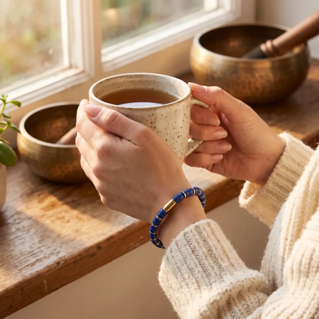 lapis-lazuli-bracelet-worn-wrist-tea-singing-bowls Hands holding a mug of tea, wearing a lapis lazuli bracelet, beside brass singing bowls on a sunny windowsill