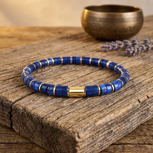 Bracciale heishi in lapislazzuli su legno rustico accanto a una ciotola tibetana in ottone e un rametto di lavanda essiccata.