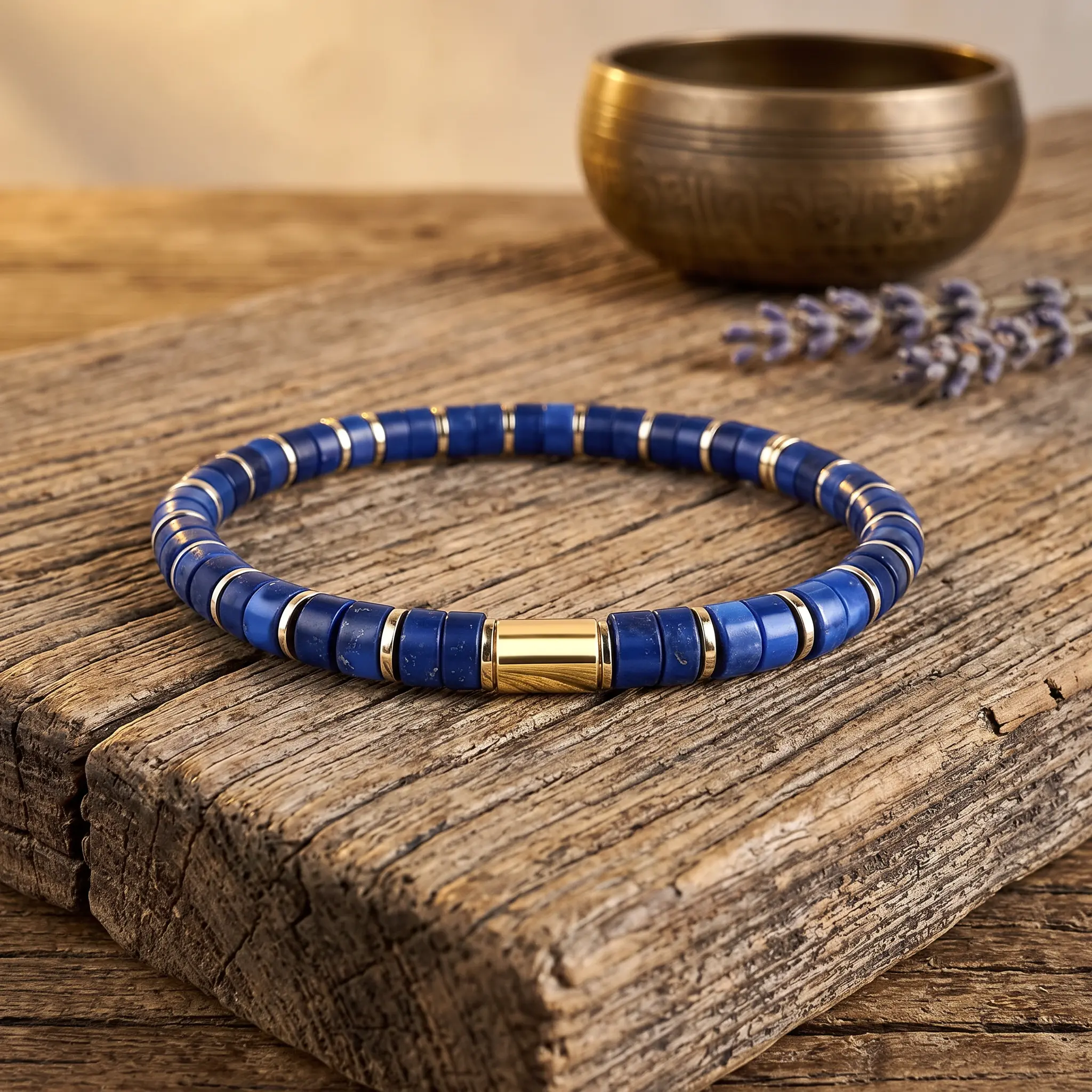 lapis-lazuli-heishi-bracelet-wood-singing-bowl Lapis lazuli heishi bracelet on rustic wood beside a brass singing bowl and a sprig of dried lavender