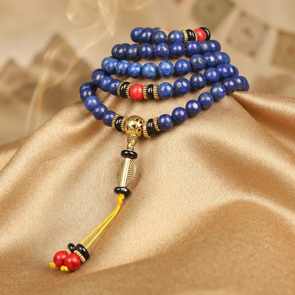 lapis-lazuli-mala-beads-gold-silk-tassel-guru-bead Lapis lazuli 108 mala beads draped on gold silk with carved gold guru bead and yellow tassel with red turquoise beads