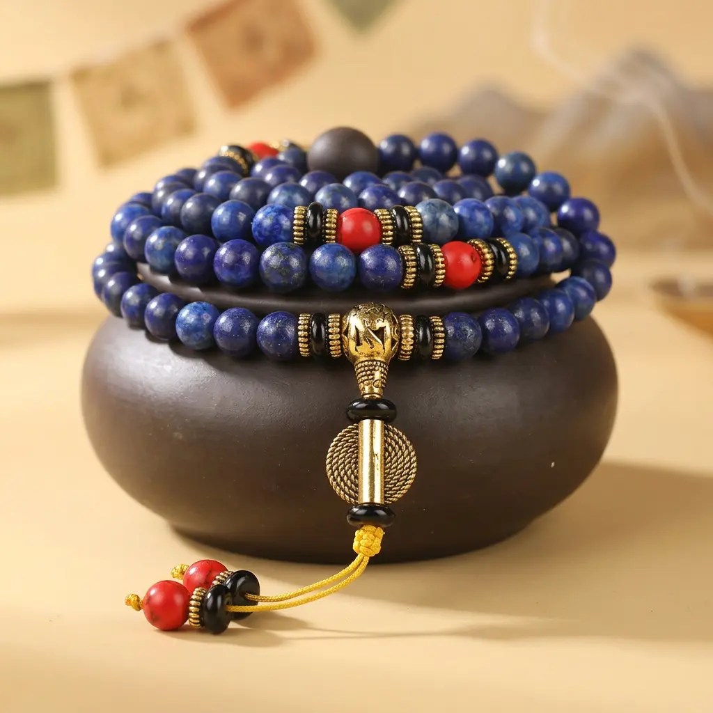 lapis-lazuli-mala-beads-on-clay-pot-prayer-flags Layered lapis lazuli mala beads on a dark clay pot with red turquoise spacers, gold guru bead and yellow tassel