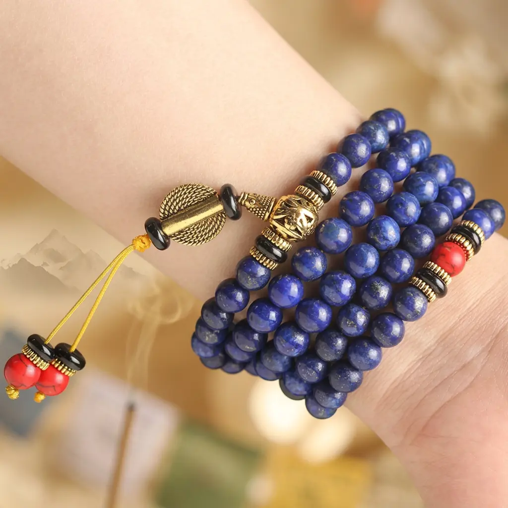 lapis-lazuli-mala-bracelet-worn-on-wrist Multi-wrap lapis lazuli mala bracelet worn on the wrist with gold guru bead and red turquoise tassel