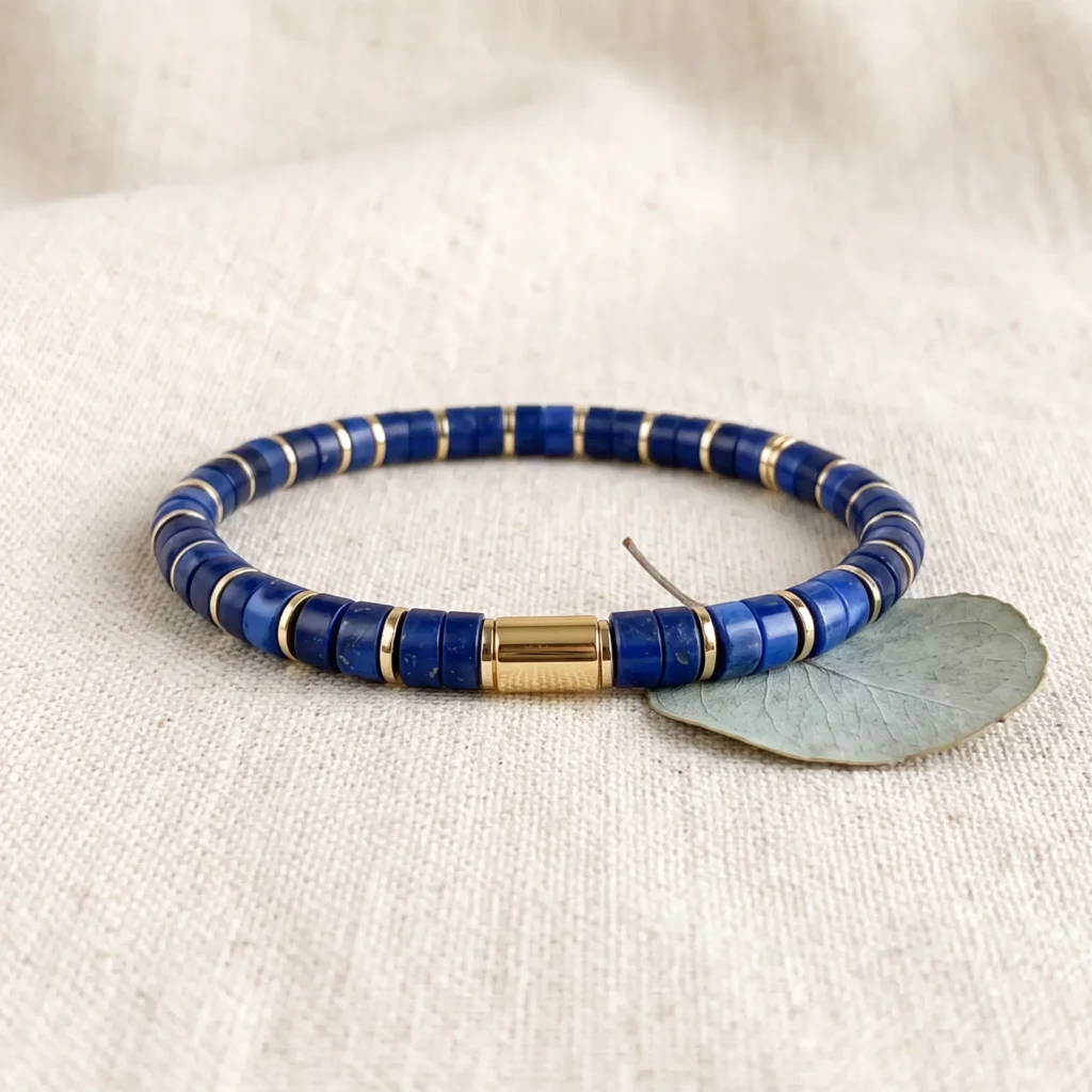 lapis-lazuli-stretch-bracelet-cream-linen Lapis lazuli stretch bracelet with gold-tone spacers on cream linen beside a dried eucalyptus leaf