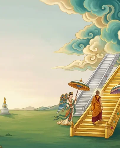 lhabab-duchen-2027-buddha-descent-three-staircases Illustration of the Buddha descending three jeweled staircases from the Heaven of the Thirty-Three at dawn