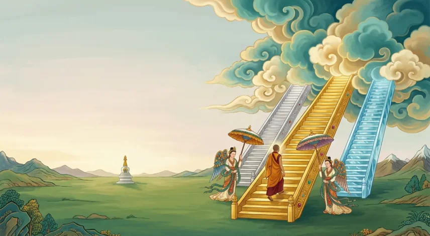 Illustration of the Buddha descending three jeweled staircases from the Heaven of the Thirty-Three at dawn