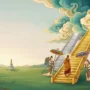 lhabab-duchen-2027-buddha-descent-three-staircases Illustration of the Buddha descending three jeweled staircases from the Heaven of the Thirty-Three at dawn
