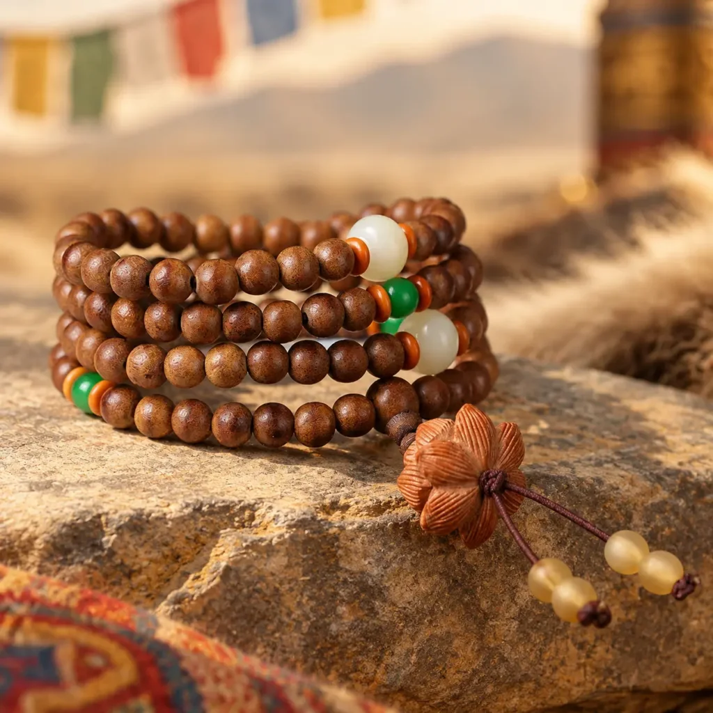 lotus-charm-mala-bracelet-side-view-tassel Side view of carved peach wood lotus charm and frosted tassel beads on a 108 bead mala bracelet resting on stone