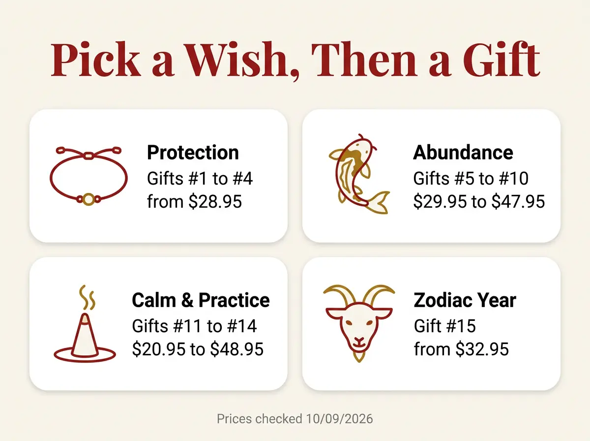 Guide to Lunar New Year gifts by wish: protection, abundance, calm and zodiac year, with price ranges under $50
