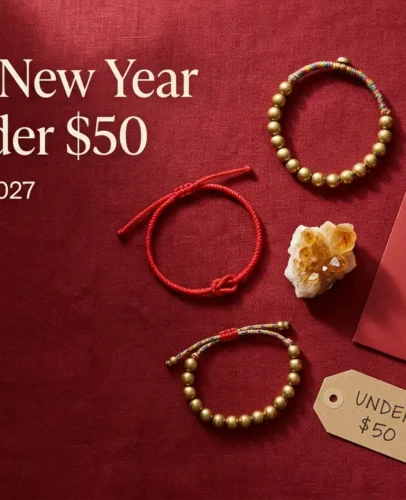 Flat lay of a red string bracelet, brass bead bracelet, citrine crystal and incense cones for Lunar New Year gifts under $50