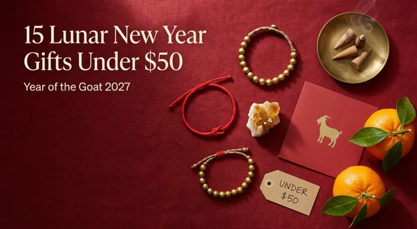 lunar-new-year-gifts-under-50-flat-lay Flat lay of a red string bracelet, brass bead bracelet, citrine crystal and incense cones for Lunar New Year gifts under $50