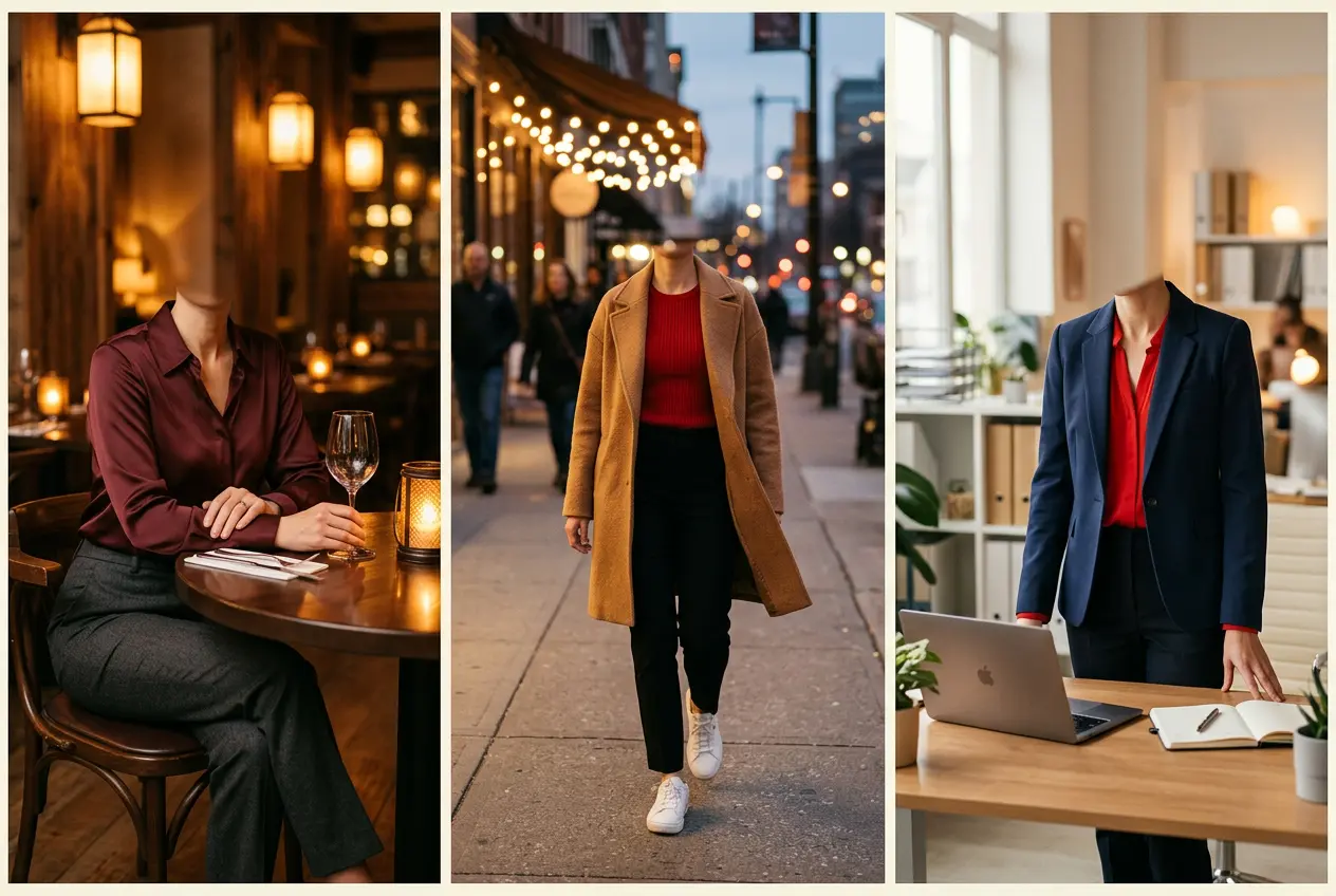 Three Lunar New Year outfit ideas: burgundy blouse for dinner, red layer under a coat for a parade, blazer with red top