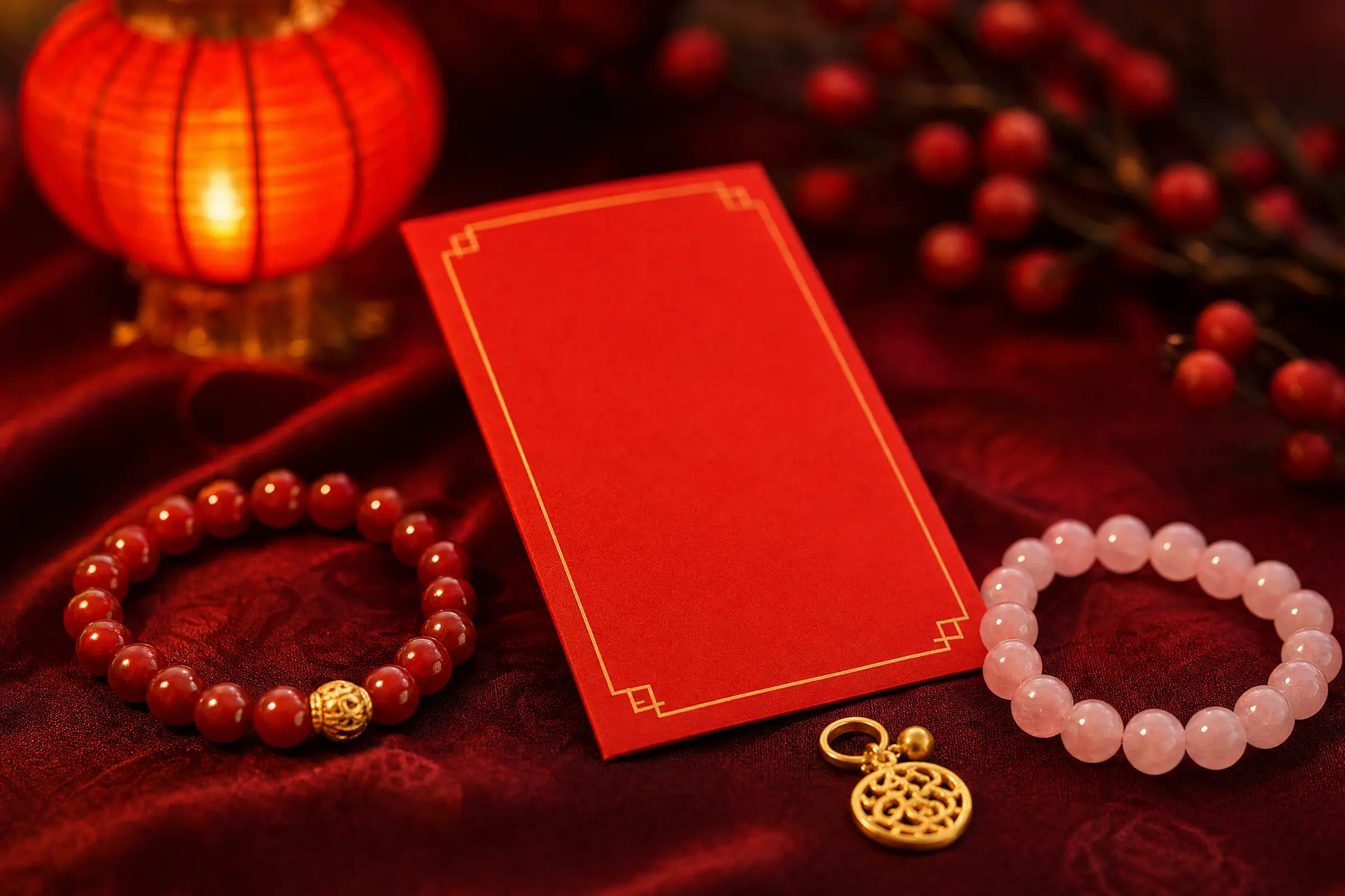 Red and pink jewelry with a plain red envelope and a lantern for Lunar New Year and Valentine's Day 2027