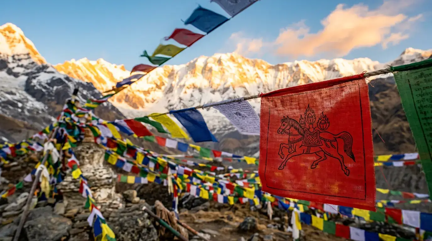 Tibetan prayer flag with a Lungta wind horse carrying three flaming jewels for the Buddha, Dharma, and Sangha