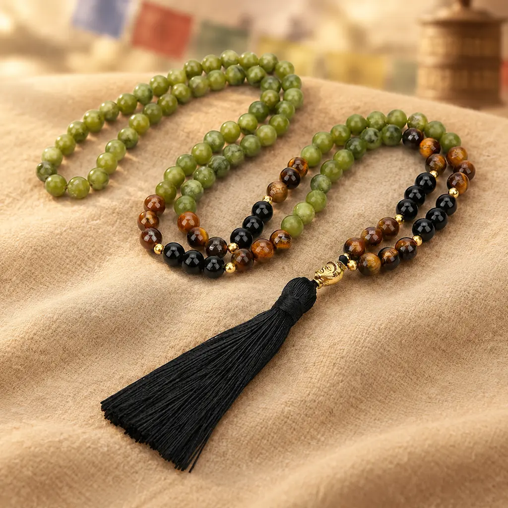 mala_scene_02_warm_tibetan_surface Tibetan green jasper mala laid flat showing 8mm jasper, black onyx and tiger eye beads with gold spacers and tassel