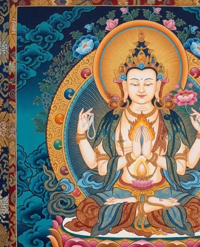 Flaming cintamani jewel held by Avalokiteshvara in a Tibetan thangka-style painting