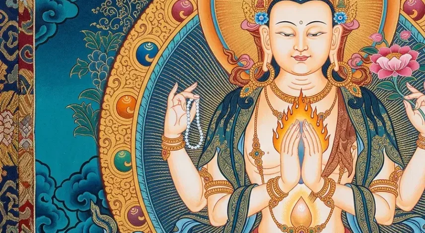 Flaming cintamani jewel held by Avalokiteshvara in a Tibetan thangka-style painting