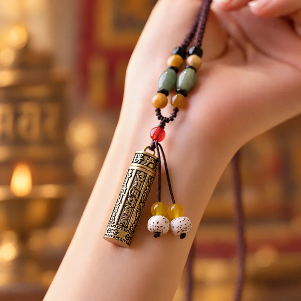 Copper mantra pendant resting on a forearm to show its 1.6 in length, with bodhi seed tassel