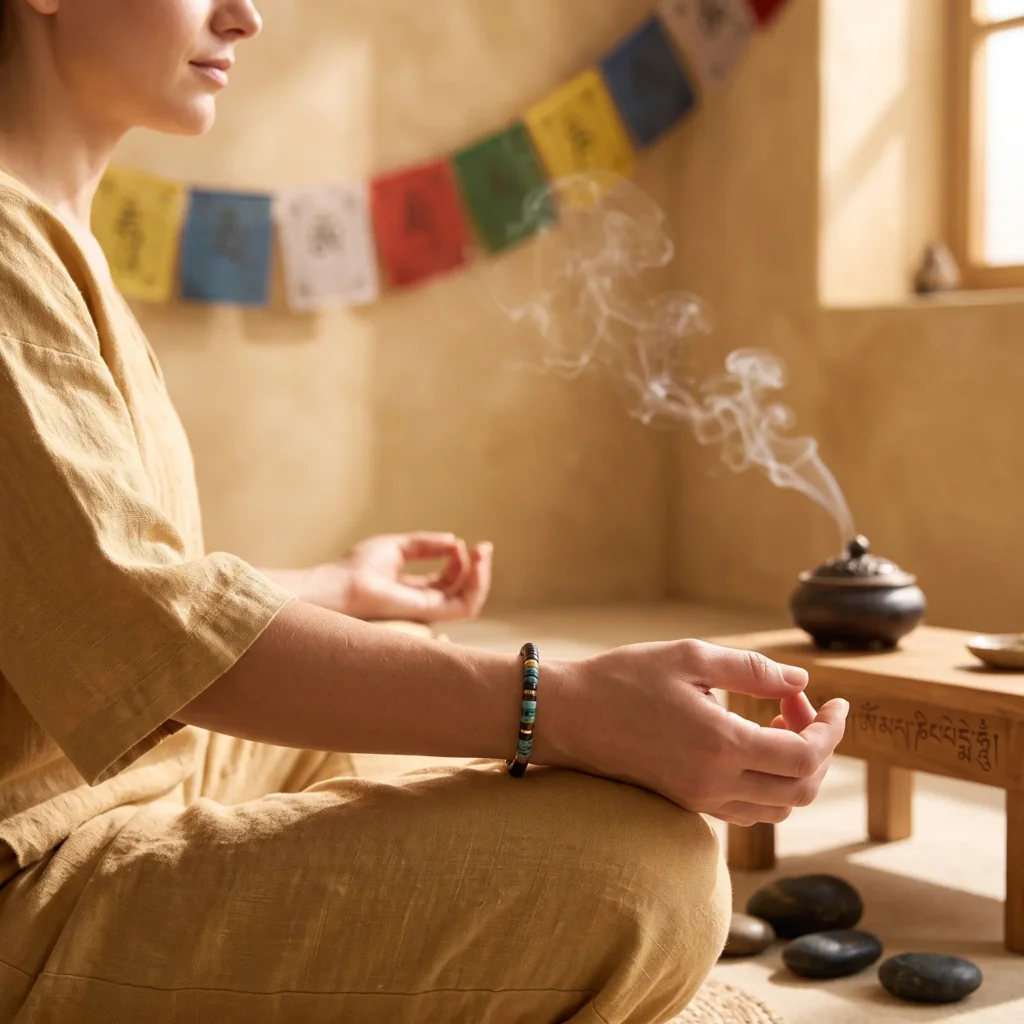 meditation-bracelet-turquoise-tiger-eye-onyx-hematite Person meditating in a calm room wearing a turquoise, tiger eye, onyx and hematite bracelet with prayer flags and incense