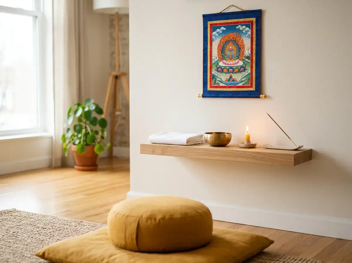 Quiet meditation corner with a Tibetan thangka of a wish-fulfilling jewel above a clean altar shelf