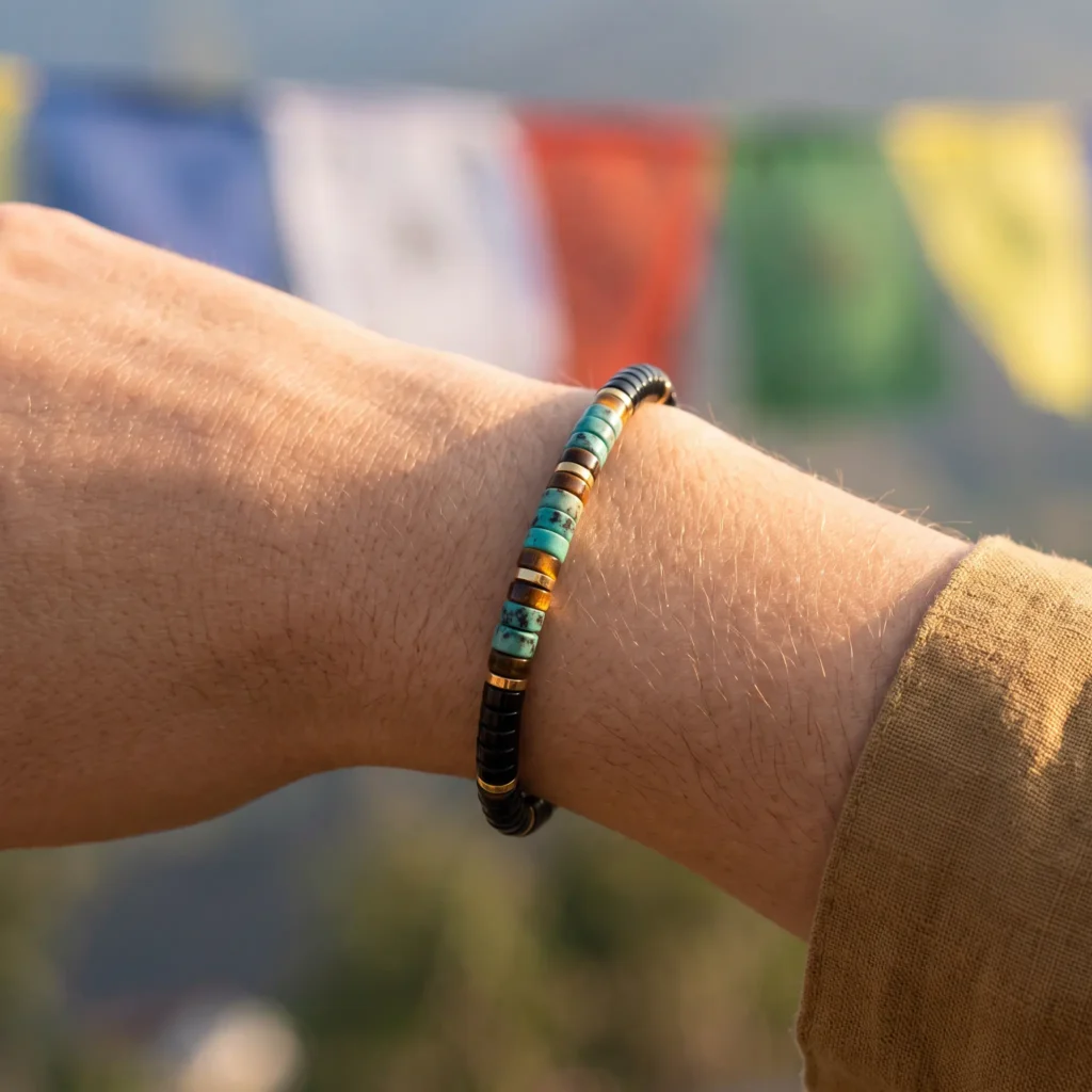 mens-turquoise-tiger-eye-onyx-bracelet-prayer-flags Man wearing a slim unisex turquoise, tiger eye and onyx gemstone bracelet in front of colorful Tibetan prayer flags