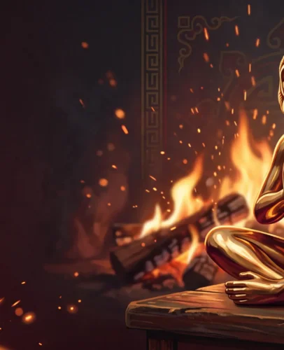 Golden metal monkey figure glowing in warm firelight for Monkey 2027 predictions in the Fire Goat year