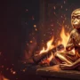 Affen-2027-Vorhersagen-Feuer-Ziegenjahr Goldene Metallaffenfigur, die im warmen Feuerschein erstrahlt, für die Vorhersagen des Affenjahres 2027 im Jahr des Feuerziegen.