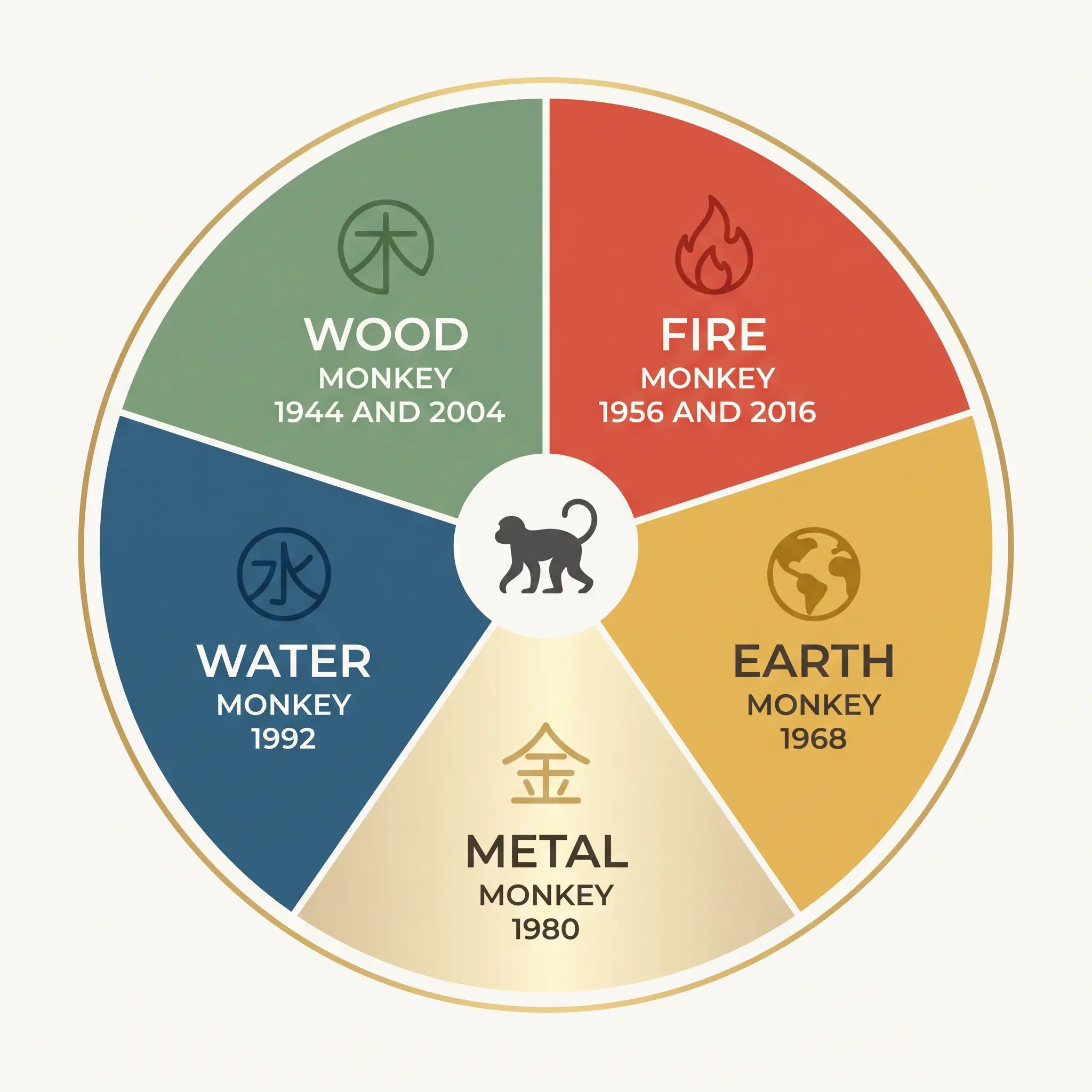 Five Elements wheel showing Wood, Fire, Earth, Metal and Water Monkey birth years from 1944 to 2016